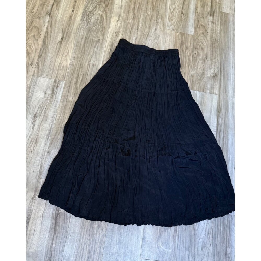 VTG Black Crinkle Maxi Skirt L Cape Isle Knits 100% Rayon dark fairy Whimsigoth